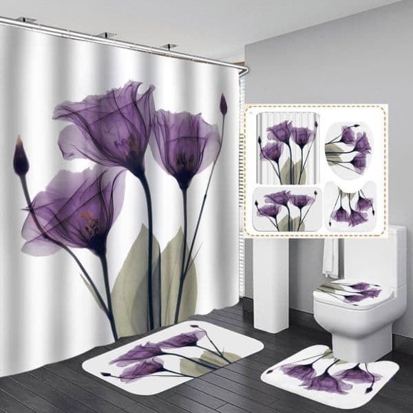 Waterproof Shower Curtain Colorful Tulip Lotus Flowers Trees Pattern Shower Curtain Set Non-Slip Rugs Toilet Lid Cover Bath Mat T200711