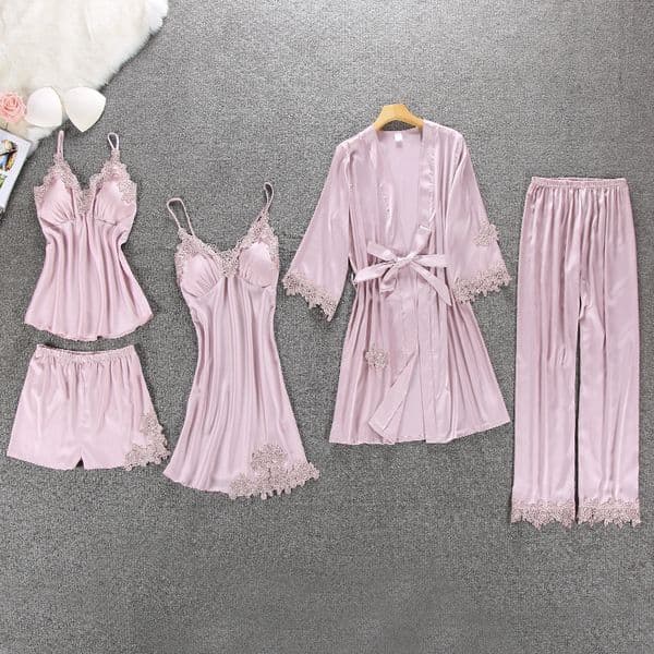 Lisacmvpnel 5 Pcs With Pad Sexy Lace Pajama Set Nightgown+Cardigan+Pant Set Lace Pijama For Women 201113Z