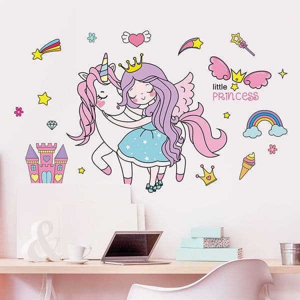 Cartoon Princess Wall Stickers DIY Unicorn Animal Wall Decals for Kids Bedroom Baby Room Home Decoration 201201