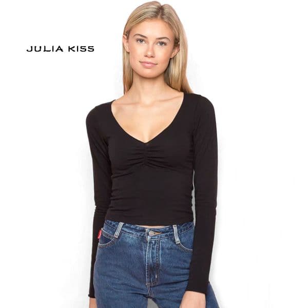 Women Fitted Long Sleeve V-neck Top With Smocked Bust Detailing Sexy T-shirts 201125wtt