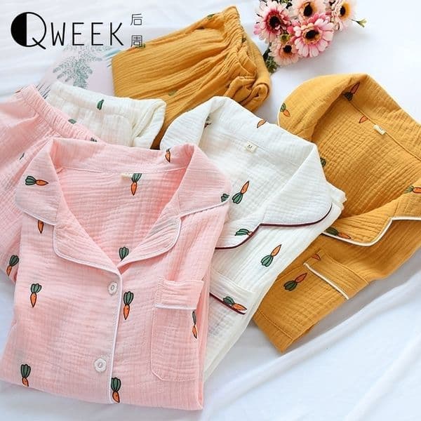 QWEEK Pajamas for Women Nightwear Set Long Sleeve Cute Sleepwear Cotton Pyjama Gauze Thin Carrot Print Pijama Mujer 201113Z