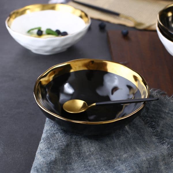 Round White Black Ceramic Salad Bowl Gold Japanese Style Noodle Container For Soup Rice Bowl Ceramica Set Kitchen Tool Tableware 201214
