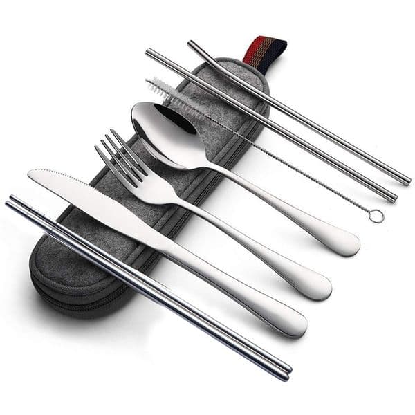 7pcs Dinnerware Set Travel Cutlery Set Reusable Silverware with Metal Straw Spoon Fork Chopsticks Kitchen Accessory with Case 211012