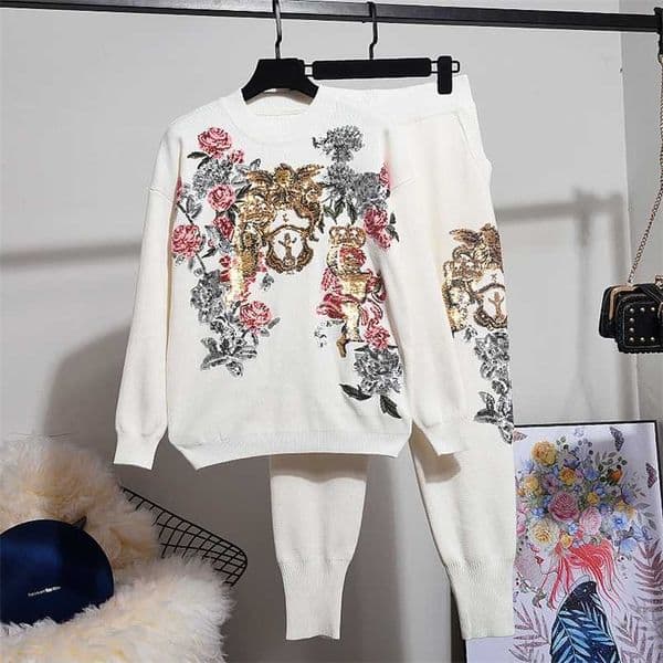 Autumn Winter Tops Women Korean Fashion Sequin Embroidery Flower Loose Knitted Sweater + Harem Pants Two Piece Set Ladies 211109wtt