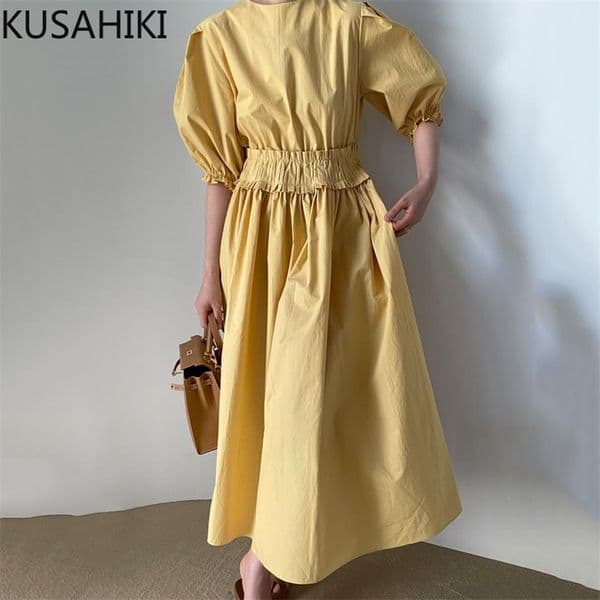 Korean Chic Summer Puff Sleeve Dresses Stretch High Waist A-line Vestidos Femme Causal O-neck Woman Dress 6H639 210603