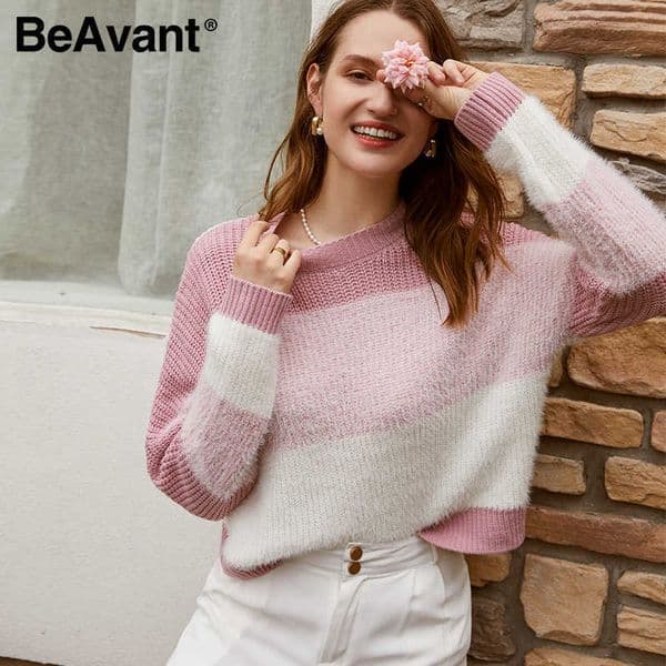 BeAvant autumn winter striped match women sweater knitwear Long sleeve sweaters pink casual female knitted sweater 210709