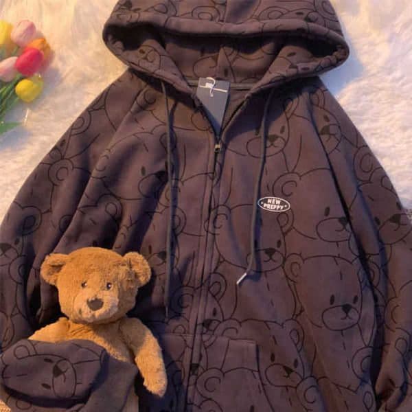 Harajuku Hoodies Korean Fashion Hooded Women's Sweatshirts Autumn Kawaii Clothes Little Bear Cartoon Zip Up Hoodie Winter 210927