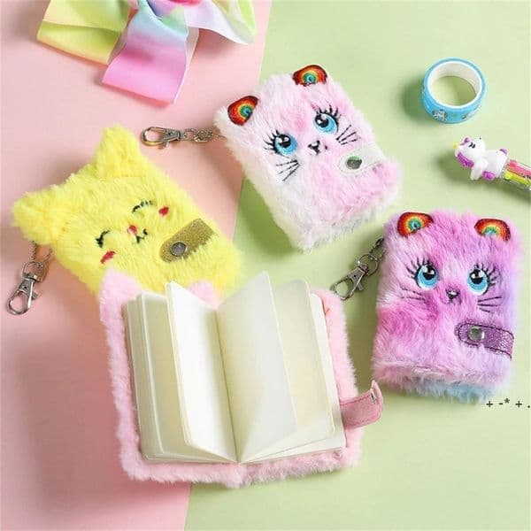 NEW!!! Cute Cat Plush Notebook For Girls Party Favor Kawaii Pendant Keychain Furry Cats Notebook Daily Planner Journal Book Note LLE11674