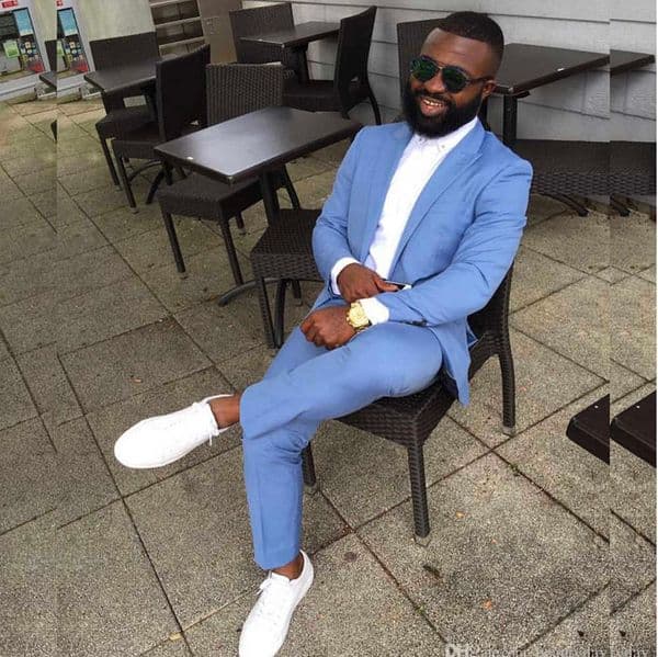 New Classy Sky Blue Wedding Tuxedos Mens Suits Slim Fit Peaked Lapel Prom Bestman Tailor Made Groomsmen Blazer ( Jacket+Pants X0909