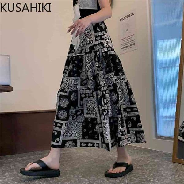 Vintage Printing Women Skirt Chiffon Summer Causal High Waist A-line Korean Fashion Mujer Faldas 6J101 210603