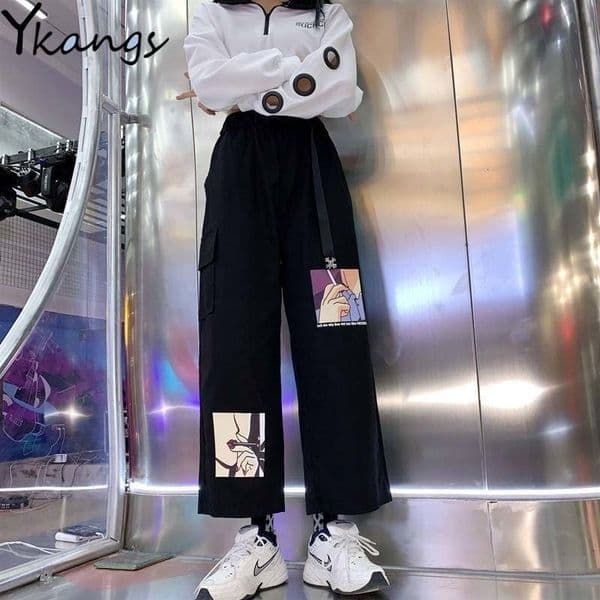With Belt Wide Leg Baggy Pants Women High Waist Anime Print Women's Joggers Pants Korean Fashion Trousers Harajuku Loose Pants 201119
