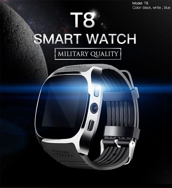 100% High Quality T8 Bluetooth Smart Watches with Camera Phone Mate SIM Card Pedometer Life Waterproof for Android iOS SmartWatch Pack In Retail Box