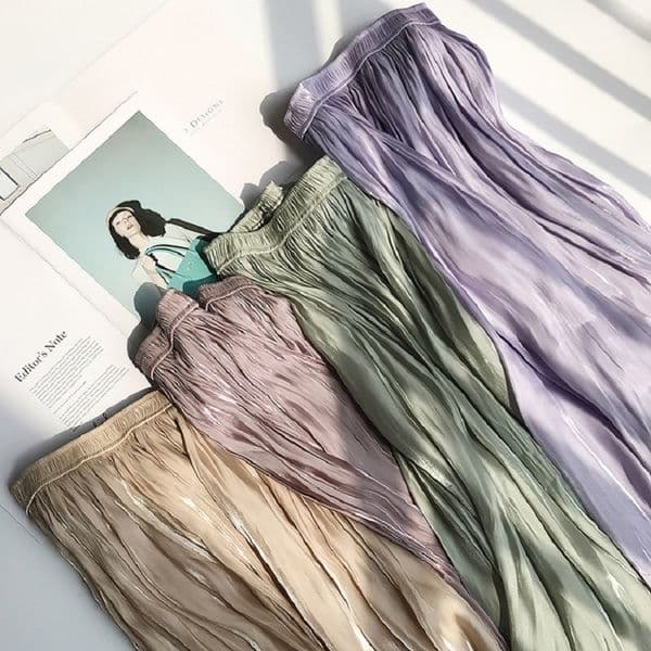 Summer women shiny silky gloss vintage elegant casual midi skirt high waist pleated skirts womens lady print skirts female 210309