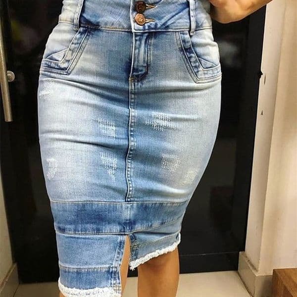 Denim Skirt Women Fashion Casaul Stretch Knee Length Washed Denim Skirts Plus Size Pockets Pure Color Splited Female Skirts 210315