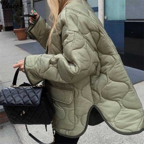 Women Army Green Winter Quilted Parkas Female Casual Long Sleeve Pocket Single Breasted Curved Hem Jacket Coat 211007