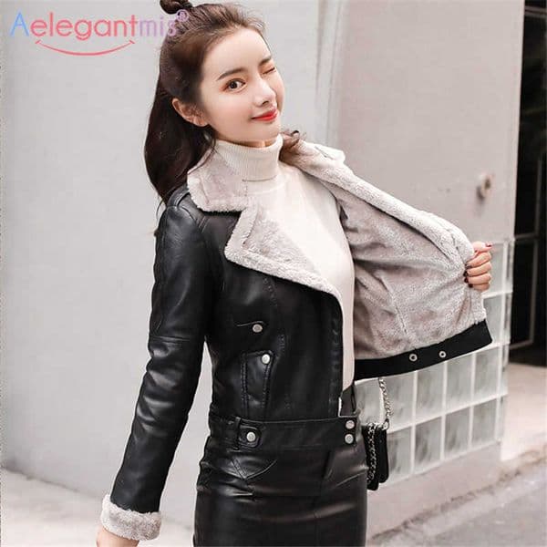Aelegantmis Faux Fur Coat Women Leather Jacket Autumn Winter Warm Plush Thick Outerwear Ladies Wool Fur Collar Basic Jackets 210909