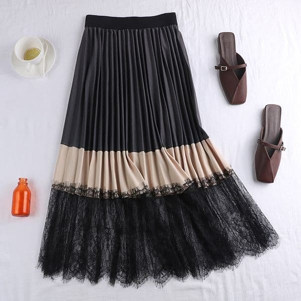 New Spring Autumn Elegant Patchwork Lace Skirt Women Vintage Panelled Striped High Waist Skirts Slim Pleated Party Skirts Mw870 210309