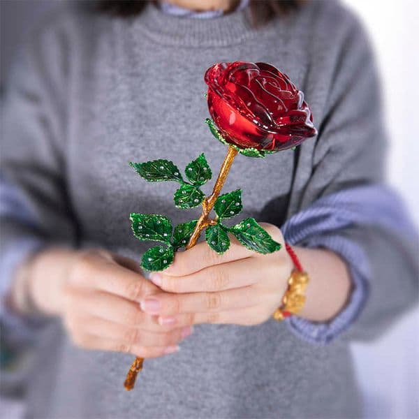 H&D Crystal Red Rose Flower Figurines Craft Birthday Valentine's Day Favors X'mas Gifts Wedding Home Table Decoration Ornament 210607