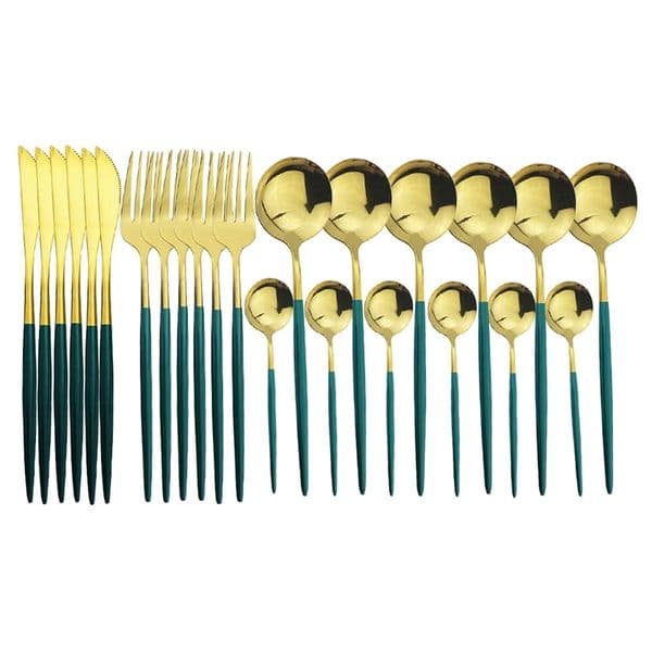 24Pcs Green Gold Cutlery Set Mirror Colorful Flatware Set 304 Stainless Steel Dinnerware Set Kitchen Silverware Gold Tableware 211012