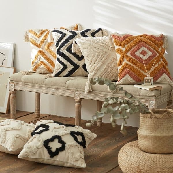 Brown Beige Handmade Geometric Embroidery Cushion Cover Tassels Home Decor Pillow Cover 45x45cm Sofa PillowCase Pillow Sham 210317