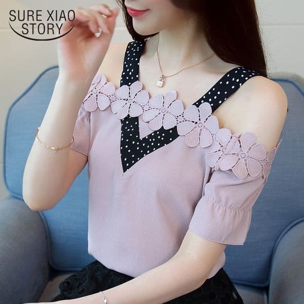 Summer New Lace Chiffon Shirts Short Sleeve Blouses Women Tops Fashion Sexy Lady Slash Neck Female Clothing Blusas Mujer D584 30 210225Z