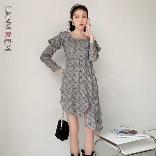 Women Dress Square Collar Pleated Printd Irregular Dresses Temperament Loose Fit Fashion Summer 2H601 210526