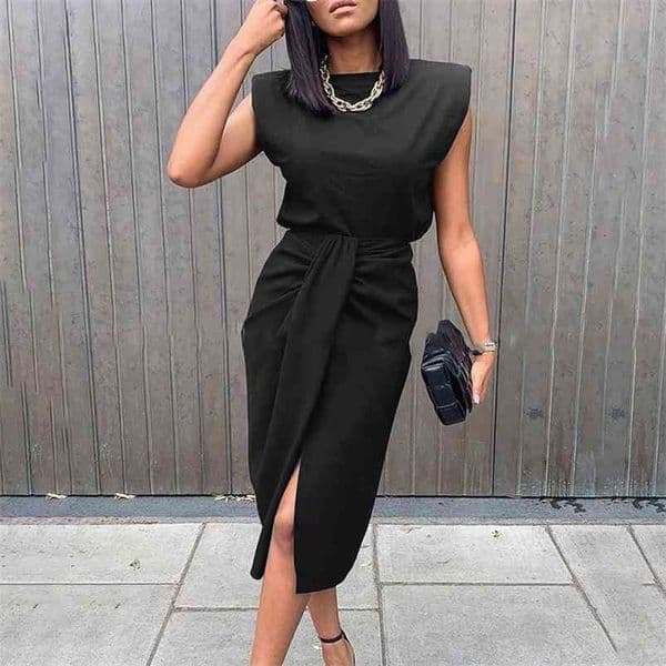 Two Piece Set Women High Waist Elegant Black Front Slit Office Clothes Outfits For Women Matching Fashion Tank Suit Dress 210730