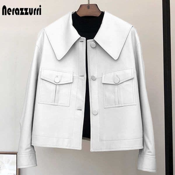 Nerazzurri Spring short light white leather jacket for women peter pan collar long sleeve Casual leather jackets for women 210909