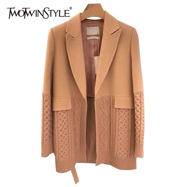 TWOTWINSTYLE Korean Fashion Female Blazer Notched Long Sleeve Patchwork Knitted Straight Loose Coats For Women Autumn Stylish 211122