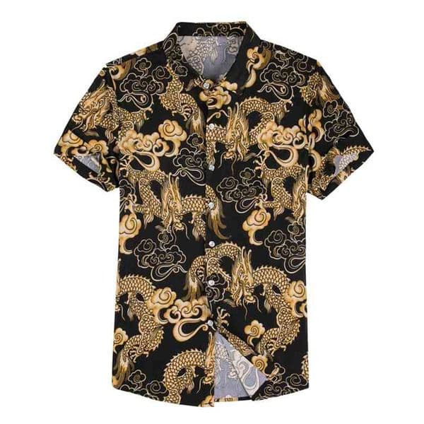 Chinese Cardigan Style Black White Print Dragon With Silk Men'S Short Sleeves Hawaiian Shirts For Summer Oversize Clothes 210721
