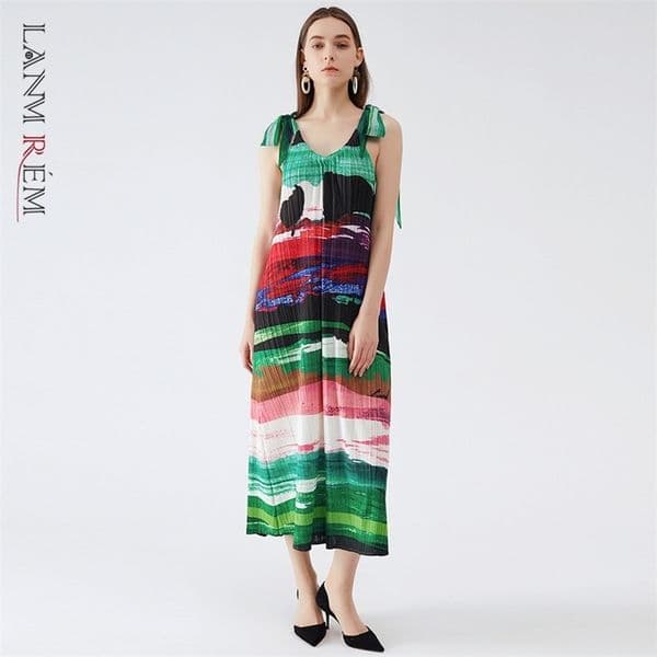 Printing Loose Suspender Dress Summer Women's Pleated V-neck Long Dresses Ladies Elegant Clothing 2D1737 210526