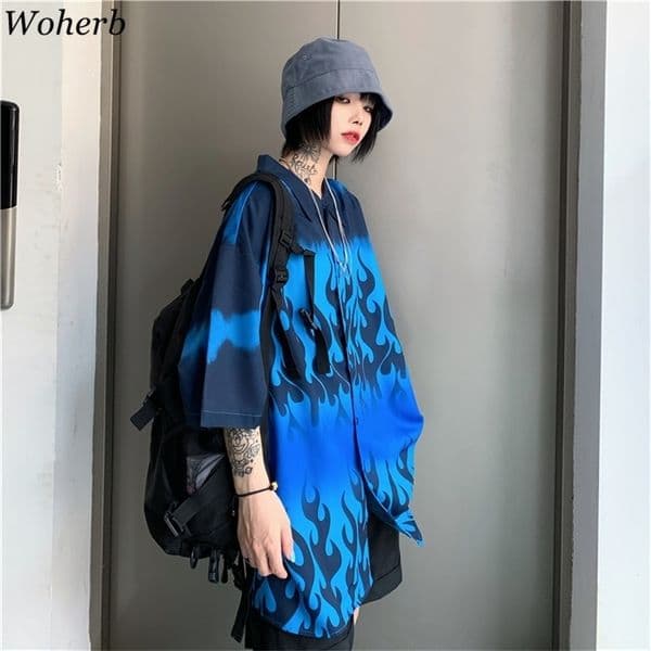 Woherb Harajuku Loose Summer Tops Women Man Casual Blue Flame Print Blouse Short Sleeve Oversize Blusas Shirt Hip-hop Streetwear 210225
