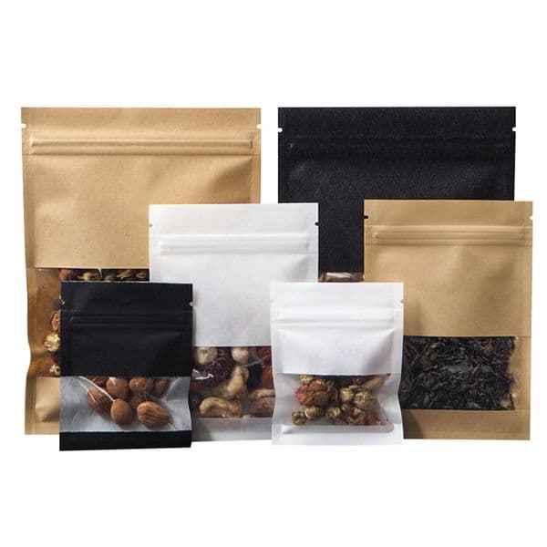 1000 Pcs Brown White Kraft Paper Clear Window Lock Self Seal Packaging Recyclable Zipper Snacks Retail Food Storage Bag