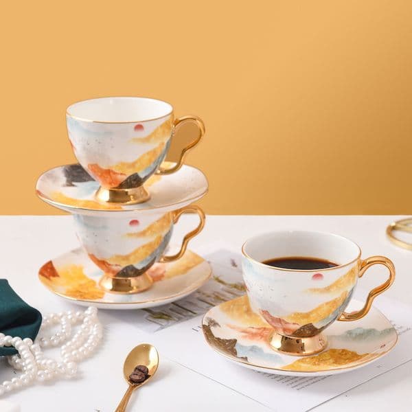 Bone China Gold Plated Coffee Cup & Saucer Set English Afternoon TeaCups Coffee Pot Sugar Bowl