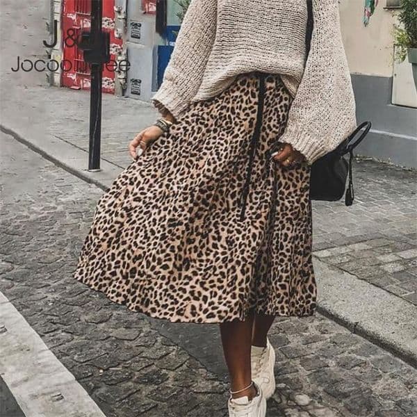 Jocoo Jolee Skirt Women Leopard Print Pleated Skirts Vintage Drawstring Elastic Waist Midi Skirts Casual Korean A Line Skirt 210309