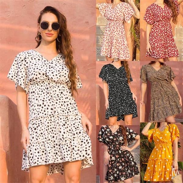 fashion summer shirt dresses women party chiffon vintage floral short sleeve v neck pleated beach dress size s4xl