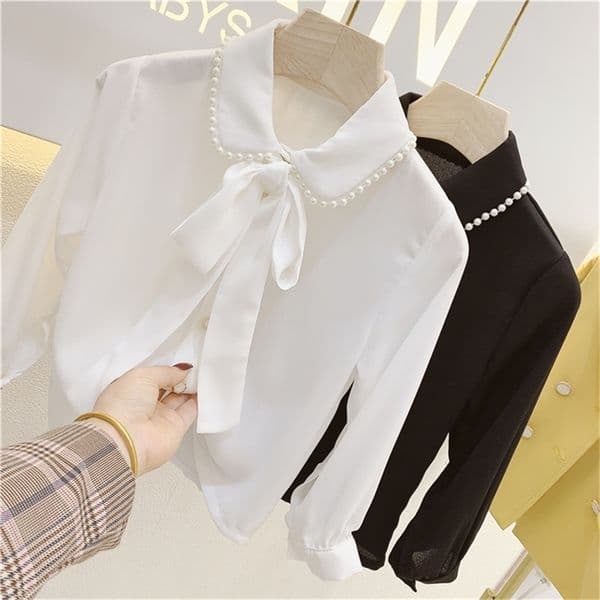 Girls Fashion Chiffon Blouse Shirt Long Sleeve Autumn Spring Tops Children Outfits Solid Shirt for Kids Girl Casual Clothing3-7y 210306