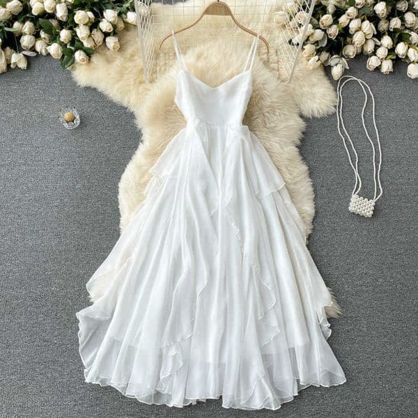 Sexy Beige/White Beach Chiffon Dress Women Summer Irregular Ruffle Spaghetti Strap Robe Female Vacation Party Vestidos 2021 New Y0603
