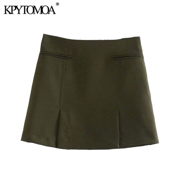 KPYTOMOA Women Chic Fashion With Pockets Front Vents Mini Skirt Vintage High Waist Side Zipper Female Skirts Mujer 210309