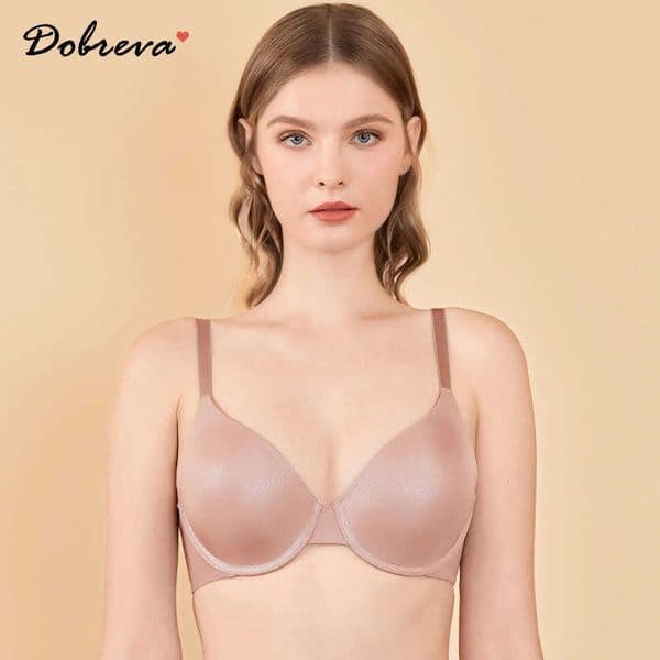 DOBREVA Women's Basic Underwired Plunge Lightly Lined Demi T-shirt Bra 210623