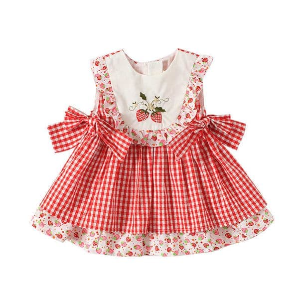2026 New Summer Toddler Girl Dresses Vintage Lolita Cotton Dress Strawberry Embroidery Plaid Princess Costume Party Clothing For Baby Q0716 Designer