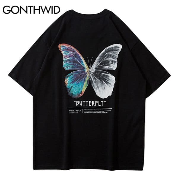 GONTHWID Streetwear Tees Shirts Butterfly Print Short Sleeve Casual Tshirts Hip Hop Harajuku Short Sleeve Loose T-Shirts Tops C0315