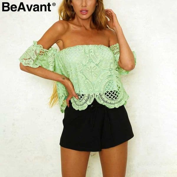 BeAvant Sexy off shoulder white tops tees Women flare sleeve short crop tops Summer hollow out lace tank camisole shirts 210709