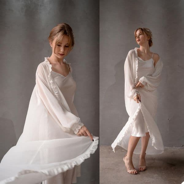 2 Pcs Bridal Sleepwear Photography Props Spaghetti Straps Undergarment Women Ruffle Long Sleeve Robes Women Nightgowns Custom Made
