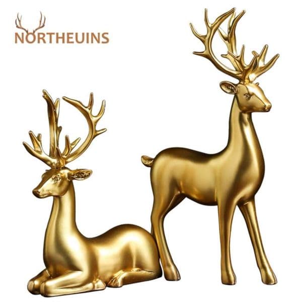 NORTHEUINS Resin 1 Pcs Golden Deer Figurines for Interior Nordic Animal Statues Trinkets Sculpture Home Decoration Accessories 210929