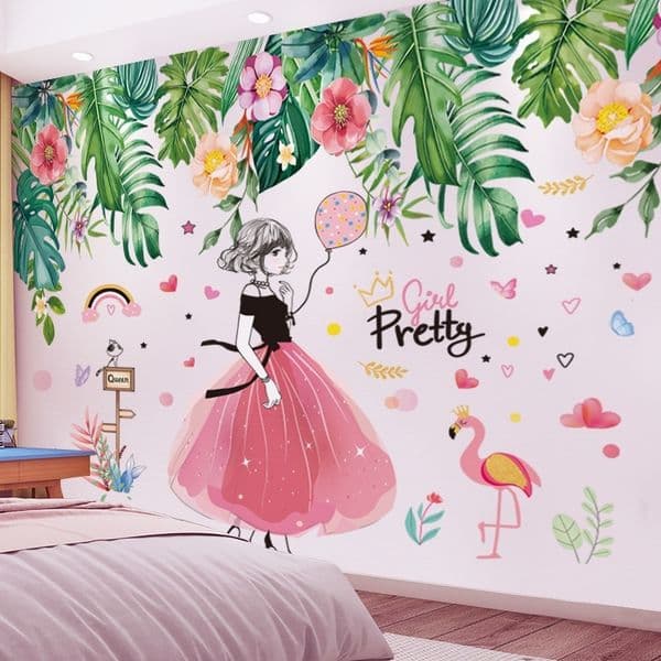 Tree Leaves Stickers DIY Cartoon Girl Flamingo Wall Decals for Kids Room Baby Bedroom Nursery Decoration 210310