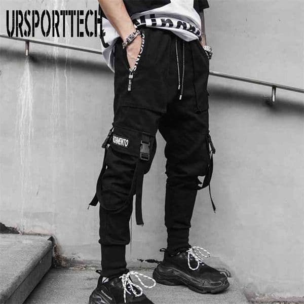 Black Cargo Pants Hip Hop Joggers Men Loose Harem Multi-pocket Ribbon Trousers Casual Streetwear Sport for 210810