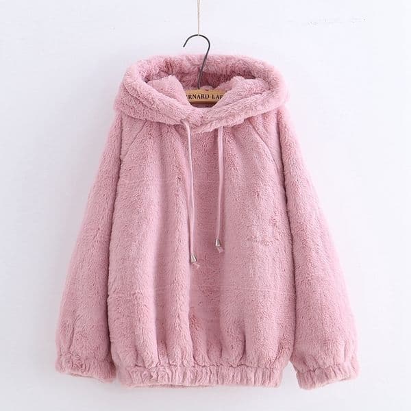 Harajuku Kawaii Plush Hoodie Soft Winter Pullover Women Sweatshirt With Bear Ears Cute Solid Outerwear Hoodies sweatshirts 201112