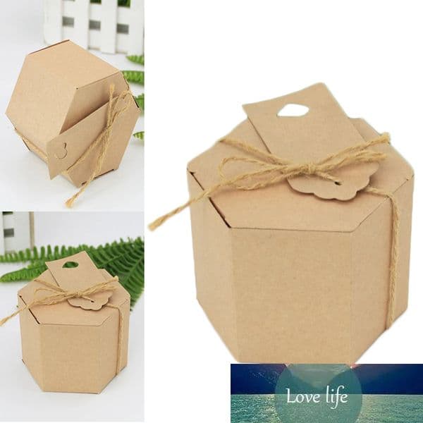 10PCS Hexagon Shape Kraft paper Box Party Gift Wood Boxes Wedding Candy Holder Candy box with Twine Tag