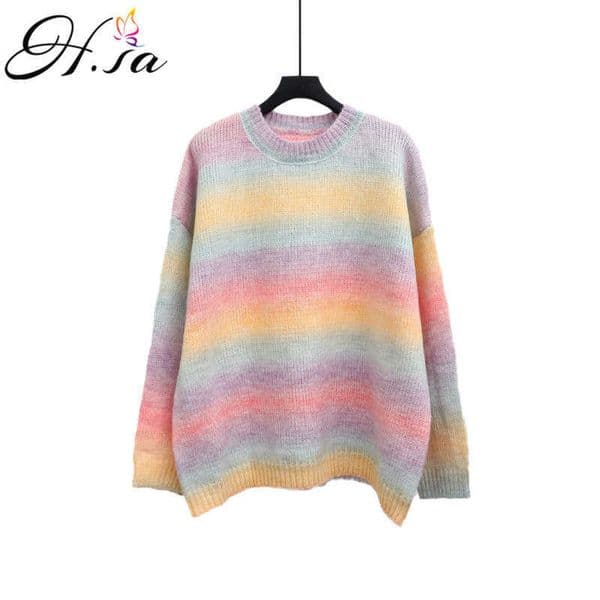 H.SA Autumn Winter Women Rainbow Sweater and Pullovers Oneck Long Loose Style Striped Korean Jumpers Candy Color Oversized Pull 210716